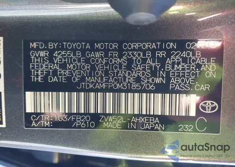 2021 Toyota Prius Prime Le z USA, uszkodzony, nr VIN JTDKAMFP0M3185706